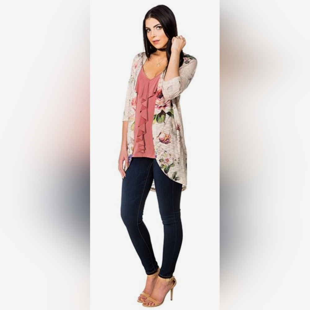 Gaze Floral Open Knit Light Cardigan Antique Cream Boho 3/4 Sleeve Size Small
